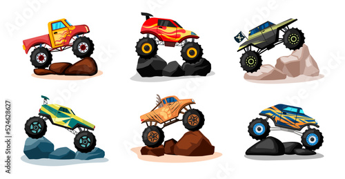 monster trucks. big wheels heavy sport agressive extreme cars. Vector cartoon trucks illustrations