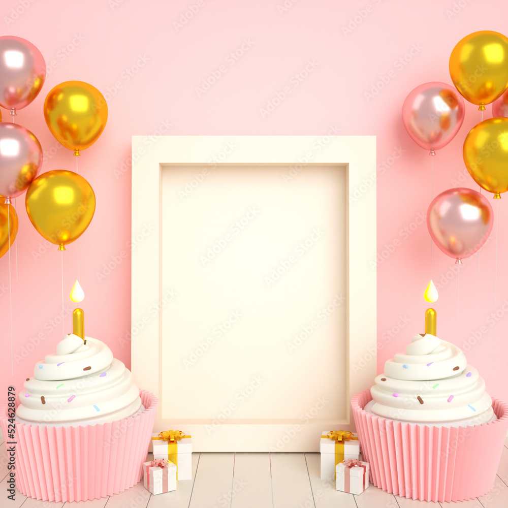 Pink golden happy birthday cake invitation card banner background with