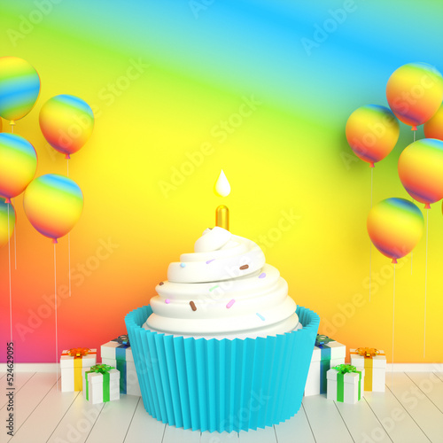 Rainbow golden happy birthday cake invitation card banner background with balloons, candle and giftbox