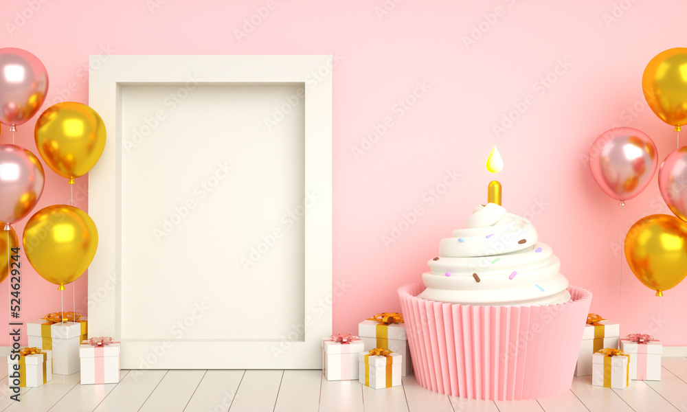 Pink golden happy birthday cake invitation card banner background with