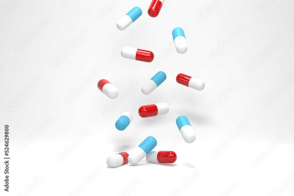 3D illustration, 3D rendering. Antibiotic pill capsules falling on white background. Healthcare and medical concept 3D illustration, 3D rendering. Antibiotic pill capsules falling on white background. Healthcare and medical concept