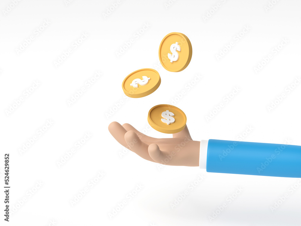 3D render, 3D illustration. Cartoon hand of businessman character holding a coin on white background. Money business or financial operation concept 3D render, 3D illustration. Cartoon hand of businessman character holding a coin on white background. Money business or financial operation concept