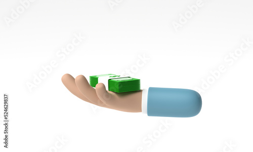 3D render, 3D illustration. Cartoon hand of businessman hold banknote. Concept of financial operation.