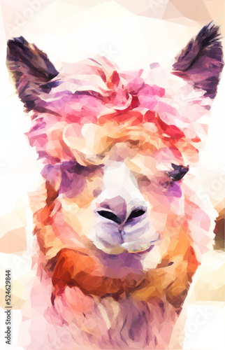 Alpaka Gesicht Illustration.  Fluffiges Fell mit pinken Strähnen. Vektor in Low Poly Art. 