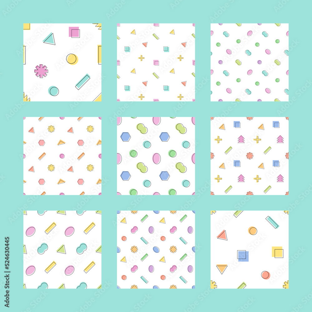 Set, collection of nine vector seamless pattern backgrounds with abstract geometric shapes for 80s or 90s design. Memphis style pattern set.