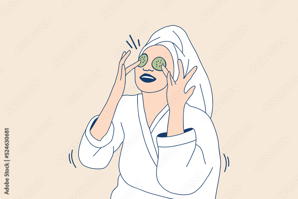 Illustrations Beautiful young woman in bathrobe applying a natural facial mask cucumber slices on face Illustrations Beautiful young woman in bathrobe applying a natural facial mask cucumber slices on face
