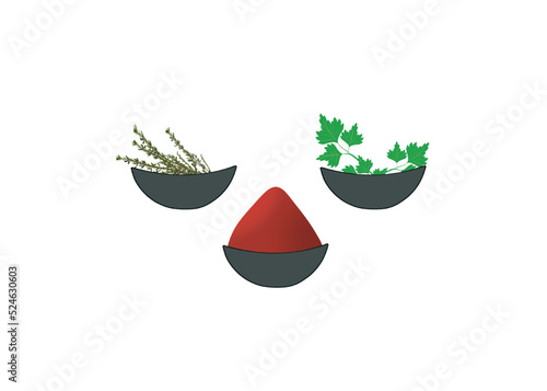 Trois bols d'herbes et épices