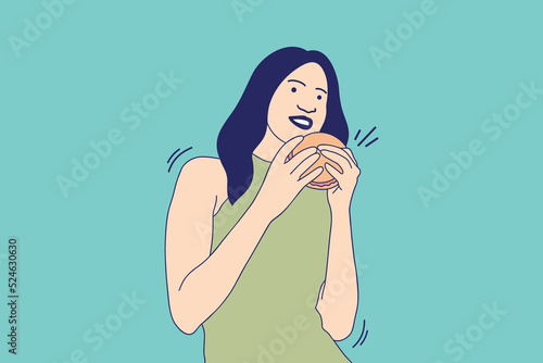 Illustrations Beautiful young woman happy eating chesee burger 