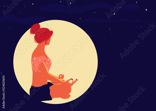 Femme médite au clair de lune. Dessin à la main. 