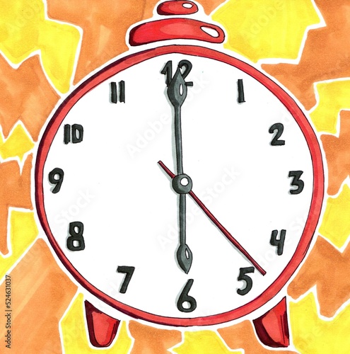 The ringing alarm clock is red on a yellow-orange background. Alarm clock for 6 am. Drawing by hand with alcohol markers.