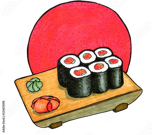 Rolls with tuna, salmon, red fish. Sushi on a wooden plate on a red sun background. Hand drawing with alcohol markers.