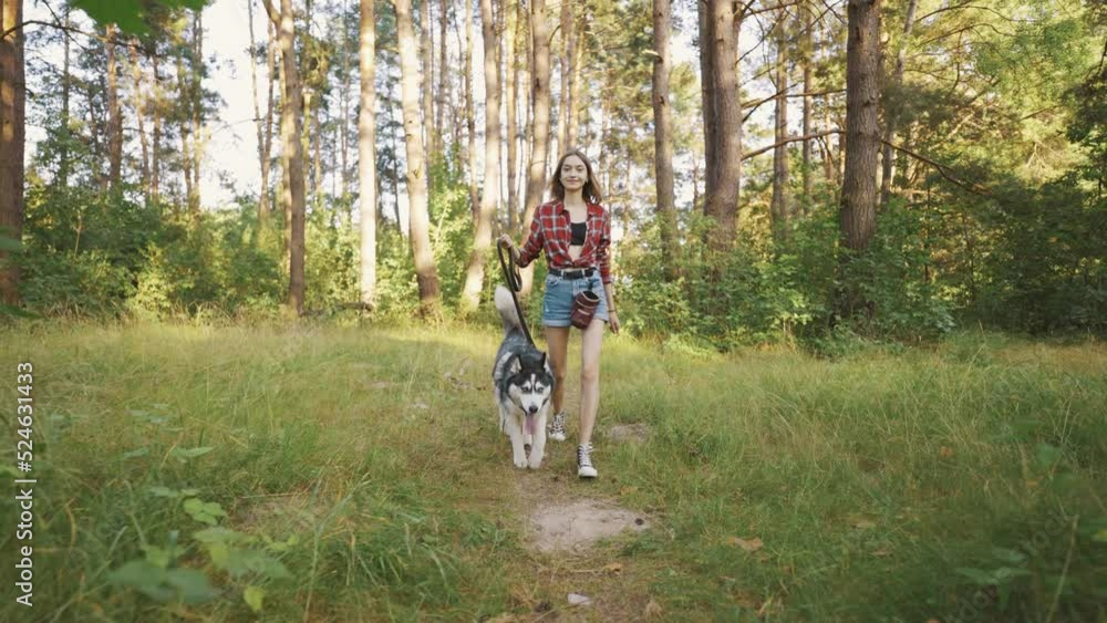 4k slow motion shot of teenage girl playing and having fun with her siberian husky dog. Girl with dog in the forest 4k slow motion shot of teenage girl playing and having fun with her siberian husky dog. Girl with dog in the forest