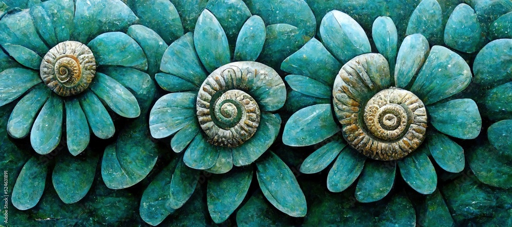 Ammonite shaped succulents in serene Jade green and tranquil turquoise blue - fascinating swirls and fractal curves surreal plant flowers. Sophisticated unusual spring color decorative art. Ammonite shaped succulents in serene Jade green and tranquil turquoise blue - fascinating swirls and fractal curves surreal plant flowers. Sophisticated unusual spring color decorative art.