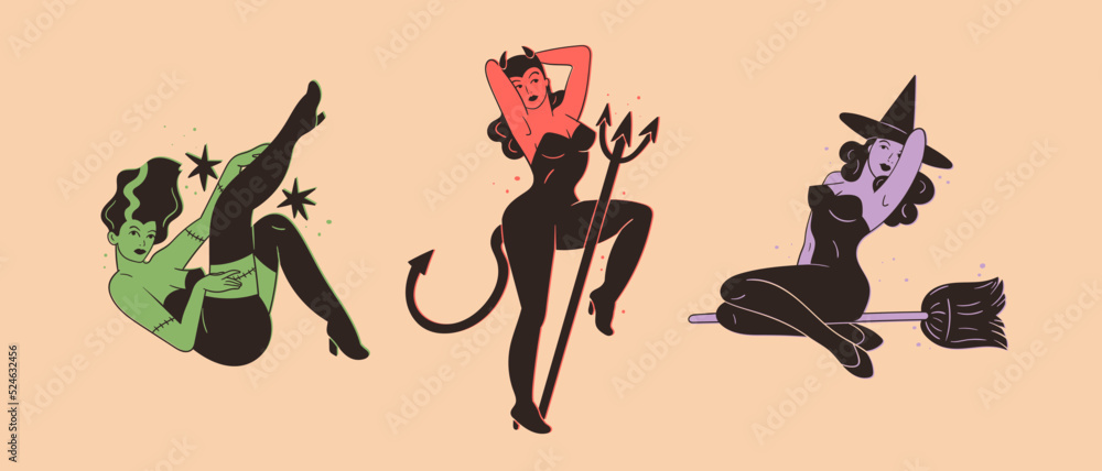 Fotografie Beautiful young Frankenstein girl, Devil with pitchfork, Witch on broom