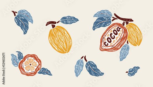 Vector Cocoa Beans and Leaves Colorful Set. Cacao Pods. Raw Fruits. Great for Packaging design of cocoa powder or chocolate. Hand drawn illustration. 
