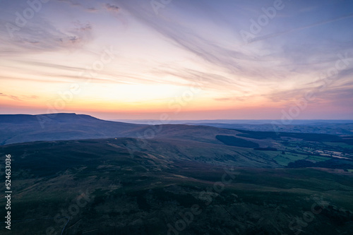 Sunset over Cray Reservoir from a drone, Brecon Beacons, Wales, England