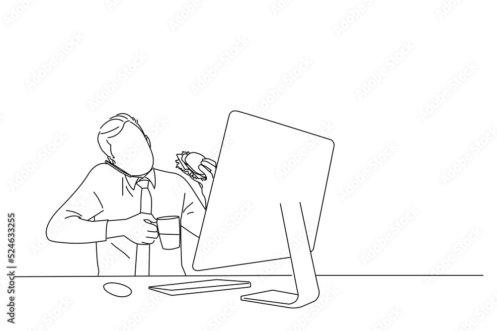 Cartoon of busy man at the office having coffee and burger. Line art style Cartoon of busy man at the office having coffee and burger. Line art style