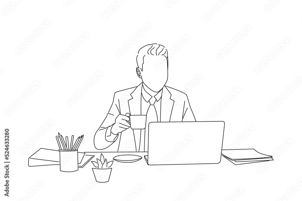 Cartoon of businessman manager sipping coffee on his desk in a radiant manner. Line art style Cartoon of businessman manager sipping coffee on his desk in a radiant manner. Line art style