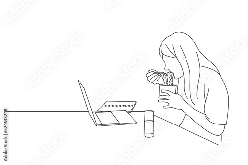 Illustration of business woman eating instant noodles while working on laptop computer at home office. Oneline art drawing style