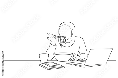Drawing of muslim woman eating instant noodles after work overtime at office. One line art