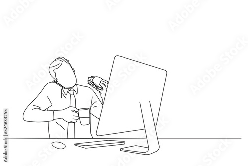 Cartoon of busy man at the office having coffee and burger. Line art style