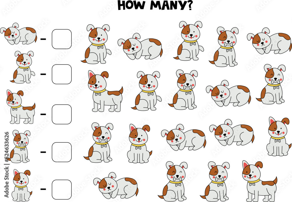 Counting game with cute dogs. Math worksheet.