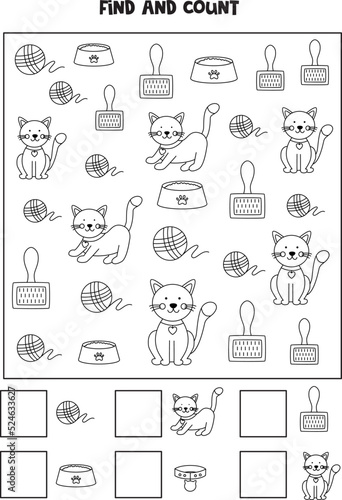 Counting game with cute cat accessories. Black and white worksheet.