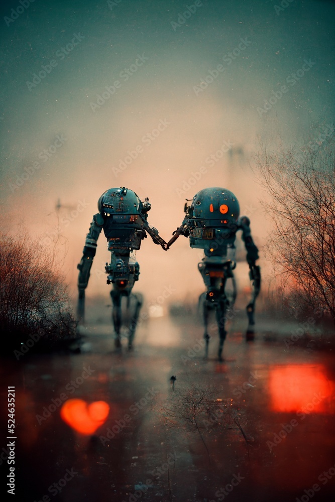 Fototapeta premium romantic robots in the night, digital painting, concept illustration