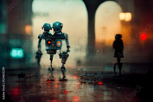 robots walking in the street of a futuristic city, digital painting, concept illustration