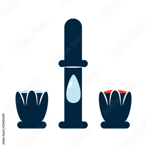 Washbasin faucet in the bathroom. Watering can with taps for hot and cold water. Accessories in the sanitary room for the washbasin. Water dripping from a faucet. Illustration in a flat style.