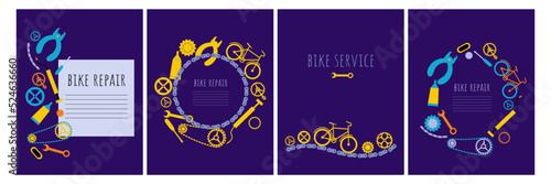 Bicycle repair postrts set. Banner, logo, advertising. Border of bike chain with tools and details. Wrench, chain, chain rings, pump, pedal, link tool, screwdriver. vector flat illustration