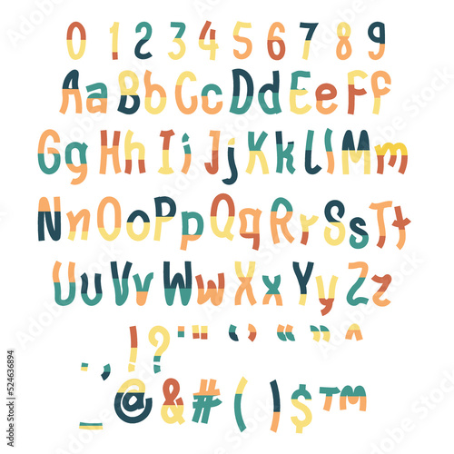 Color font, with letters, punctuation, numbers, ornament alphabet for the title, header, lettering, poster, greeting card, invitation, banner. Vector illustration.