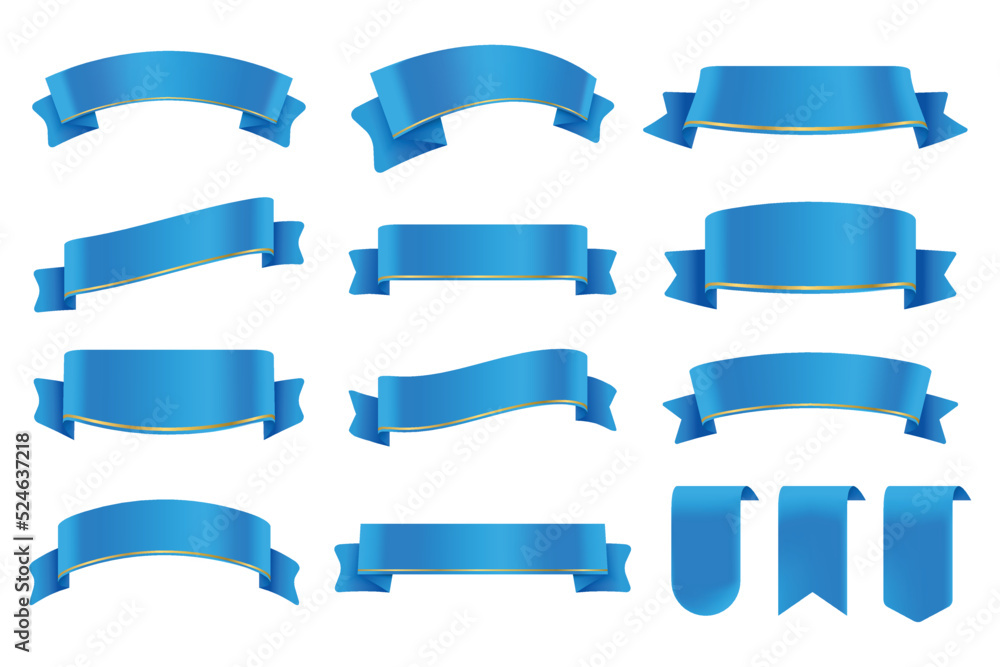 Set of Blue Color Ribbons and Tags isolated on white background. 3D Vector Illustration.