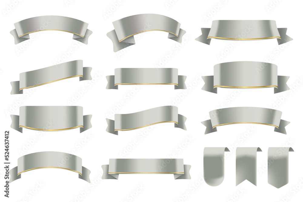 Set of Grey Color Ribbons and Tags isolated on white background. 3D Vector Illustration.