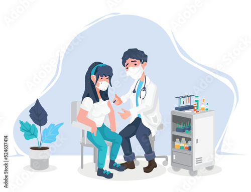 A young woman who came to her doctor to get an anti-corona vaccine due to the spread of the COVID-19 pandemic. Pandemic period, treatment ways, vaccine development concepts for prevention of spread.