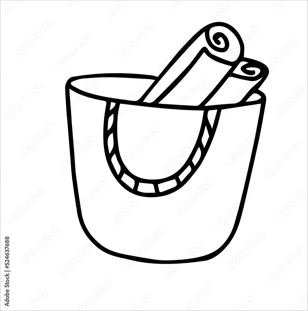 Beach bag with towels. Icon, clipart, sketch, logo, template. Vector black-and-white hand-drawn illustration. Design of book illustrations, children's coloring pages Beach bag with towels. Icon, clipart, sketch, logo, template. Vector black-and-white hand-drawn illustration. Design of book illustrations, children's coloring pages