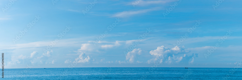 BANNER, LONG FORMAT, crop it. Atmosphere panorama white cloud clear blue sky horizon line calm empty sea. Concept paradise life. Design relax wallpaper background. More tone format collection in stock