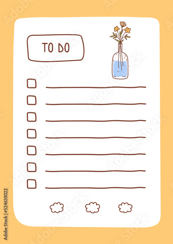 To do list template decorated by flowers in a vase. Cute design of schedule, daily planner or checklist. Vector hand-drawn illustration. Perfect for planning, notes and self-organization.