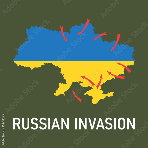 2022 Russian invasion of Ukraine. Map of Ukraine in blue and yellow colors of Ukrainian flag and red arrows of Russian attacks from different directions on khaki background. Vector illustration.