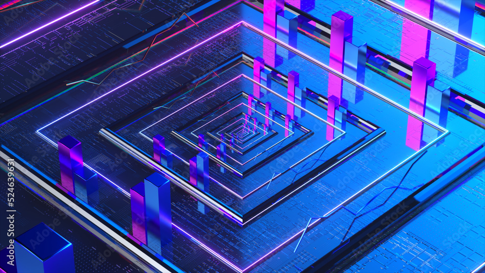 Obraz premium Data transfer concept. Neon blue smooth square panels. Pink blue rectangular objects. 3d illustration