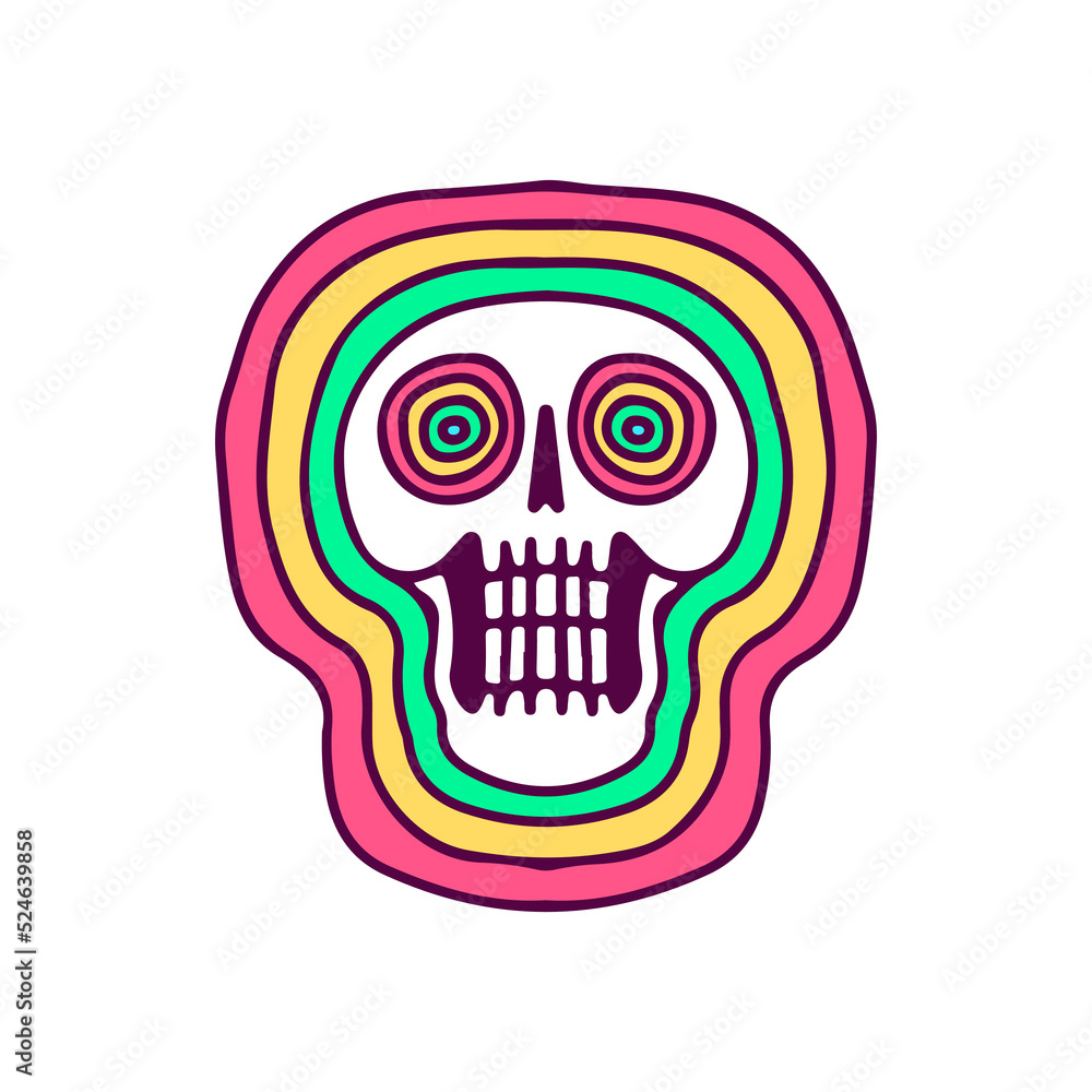Trendy skull with psychedelic rainbow, illustration for t-shirt, sticker, or apparel merchandise. With doodle, retro, and cartoon style.