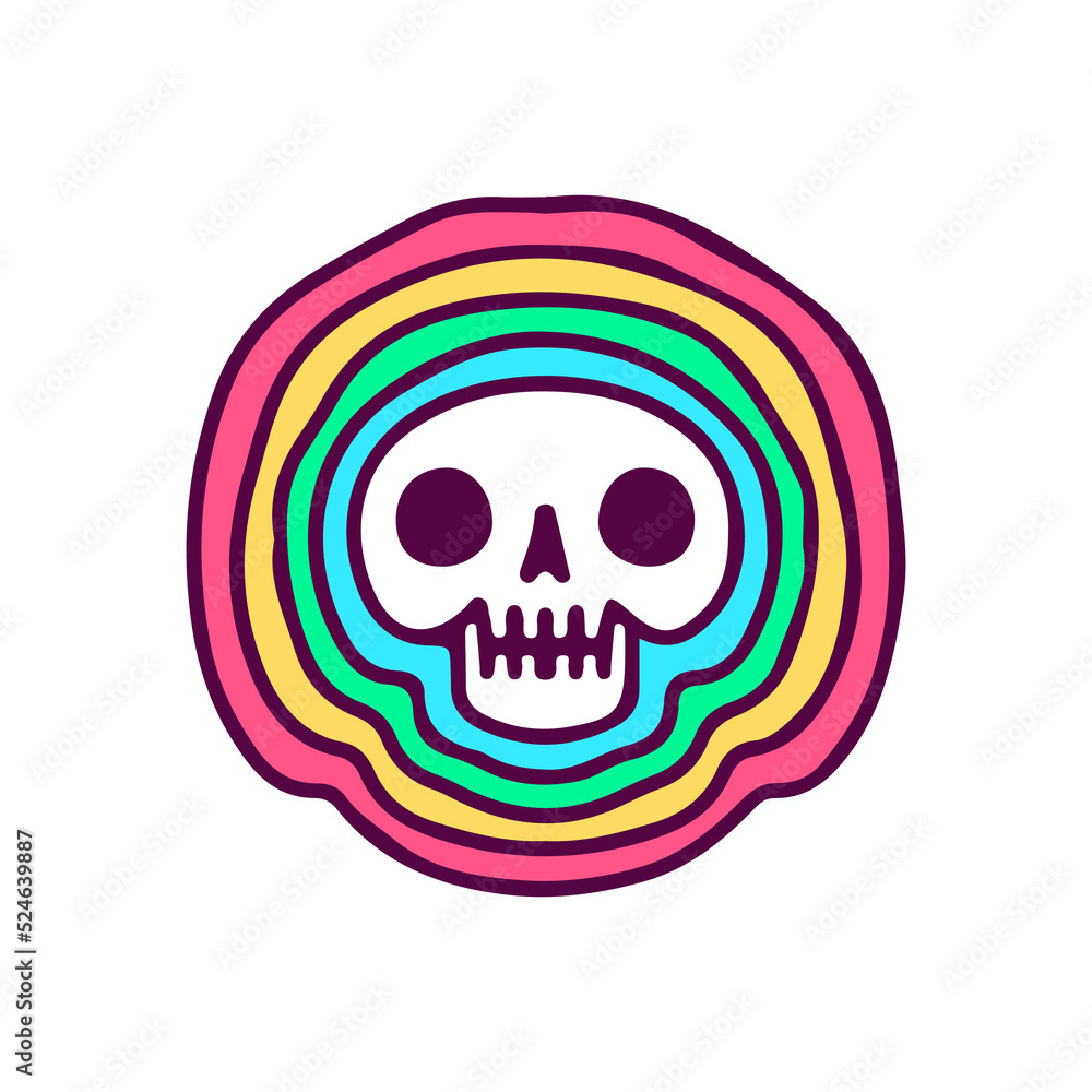 Trendy skull with rainbow waves, illustration for t-shirt, sticker, or apparel merchandise. With doodle, retro, and cartoon style. Trendy skull with rainbow waves, illustration for t-shirt, sticker, or apparel merchandise. With doodle, retro, and cartoon style.