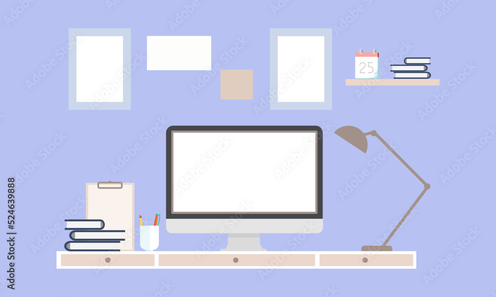 Illustration of modern study desk in room. Creative office workspace for work from home flat concept