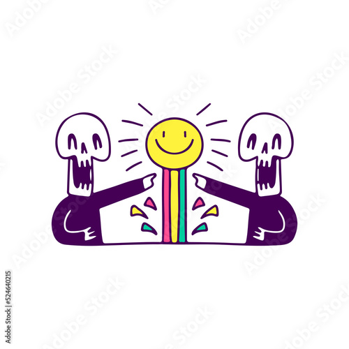 Two skulls laughing with smile face and rainbow, illustration for t-shirt, sticker, or apparel merchandise. With doodle, retro, and cartoon style.