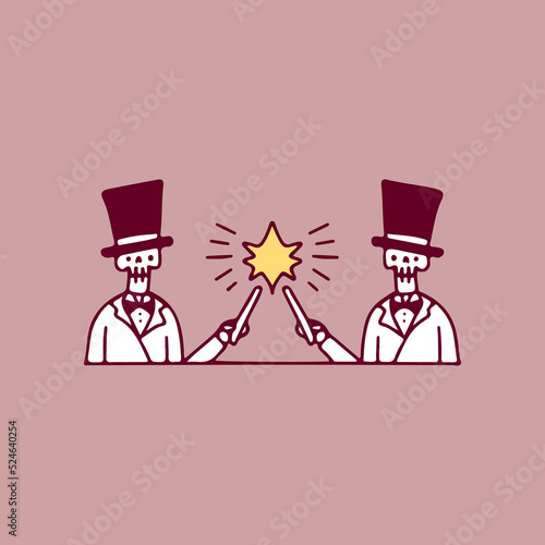 Vintage magician skulls with magic wand, illustration for t-shirt, sticker, or apparel merchandise. With doodle, retro, and cartoon style.