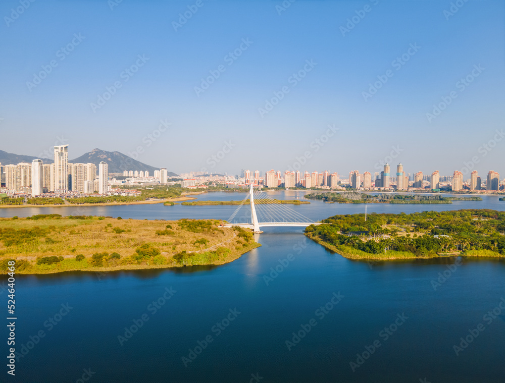 Aerial photography of the Garden Expo Park Scenic Spot in Xiamen City, Fujian Province, China under the blue sky
