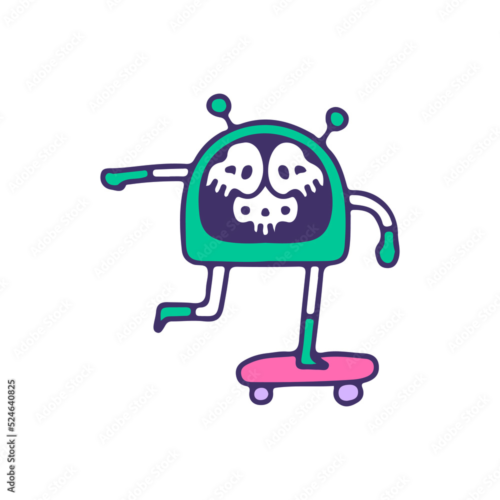Alien with skulls head riding skateboard, illustration for t-shirt, sticker, or apparel merchandise. With cartoon style. Alien with skulls head riding skateboard, illustration for t-shirt, sticker, or apparel merchandise. With cartoon style.