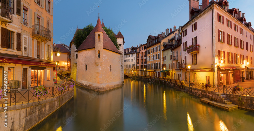 ANNECY, FRANCE - JULY 11, 2022: The old town at dusk.