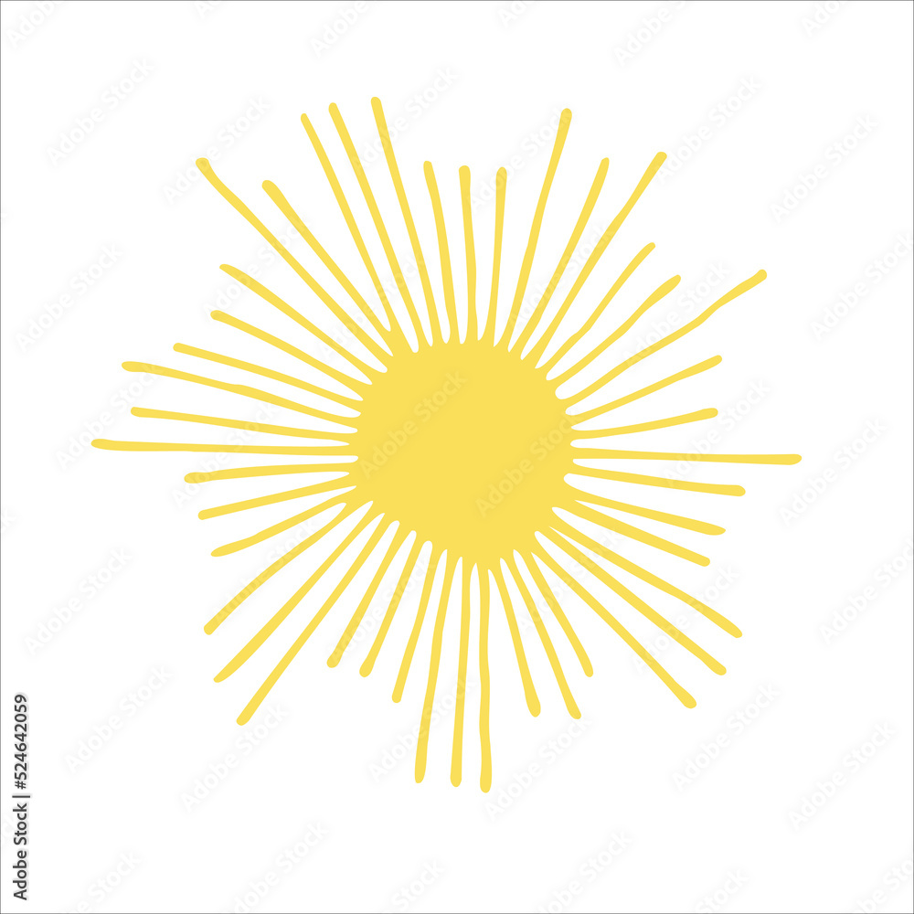 Yellow sun icon with rays on a white background. A vector image drawn by hand. Logo, template, icon, clipart, sketch. Design of a postcard, banner. Yellow sun icon with rays on a white background. A vector image drawn by hand. Logo, template, icon, clipart, sketch. Design of a postcard, banner.