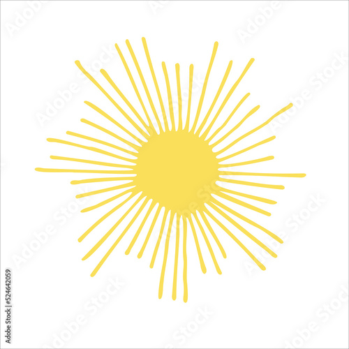 Yellow sun icon with rays on a white background. A vector image drawn by hand. Logo, template, icon, clipart, sketch. Design of a postcard, banner.